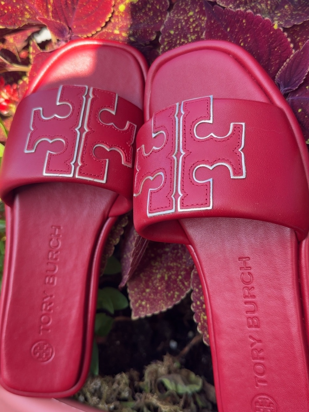Tory Burch Red Leather Logo Slide Sandals with Contrast Trim